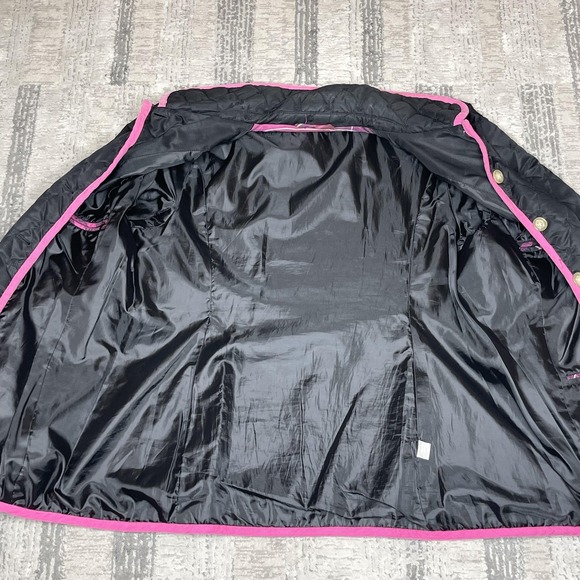 Lilly Pulitzer Jacket Womens Large Black Quilted Pink Trim Button Front Preppy - Picture 3 of 14